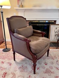 VINTAGE E.J. VICTOR UPHOLSTERED ARM CHAIR - SOLID CARVED WOOD FRAME, NO DAMAGE - A BEAUTY -39' H BY  28' W