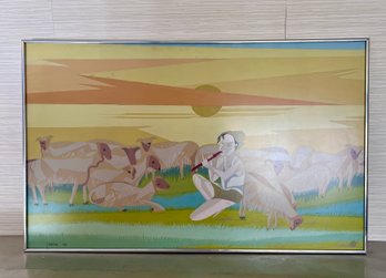 (A-14) FAB VINTAGE 1956 YONA KNISPEL (-2024) MODERNIST/CUBIST PAINTING - FLUTE PLAYER & HIS HERD -39' BY 24'