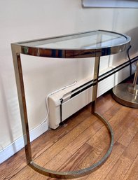 (A) SINGLE VINTAGE HALF MOON GLASS & BRASS ACCENT TABLE - 21' WIDE BY 19' HIGH BY 10' DEEP