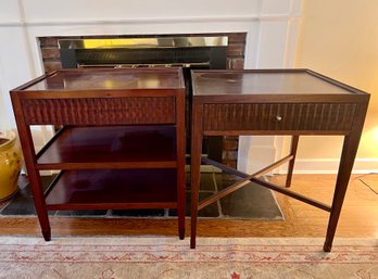 (B-8) COORDINATING PAIR OF VINTAGE JON ROSOL, ATELIER OF PRAGUE WOOD END TABLES -24'BY 24'BY 27 & 26' BY 20'BY