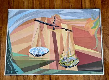 (A-2) VINTAGE 1956 YONA KNISPEL (-2024) MODERNIST/CUBIST PAINTING - SCALES OF FOOD JUSTICE -40' BY 28'