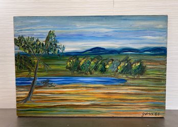 (A-25) VINTAGE 1966 YONA KNISPEL (-2024) OIL PAINTING -MODERNIST LANDSCAPE WITH LAKE & TREES - 20' BY 30'