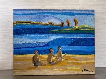 (A-24) VINTAGE 1966 YONA KNISPEL (-2024) OIL PAINTING -MODERNIST ABSTRACT FAMILY DAY AT ATHE BEACH- 24' BY 30'