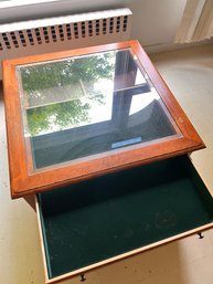 (GA-71) VINTAGE WOOD AND GLASS LARGE DISPLAY SEE THROUGH TABLE-APPROX. 38' X 38' X 19'-LOCAL PU ONLY