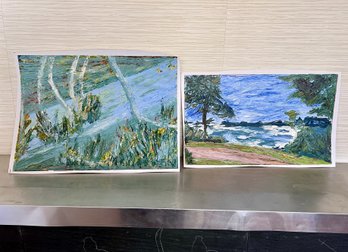 (A-61/2) TWO ORIGINAL 1976 YONA KNISPEL (-2024) PALLET KNIFE PAINTINGS ON PAPER - LANDSCAPES - 20' BY 14'