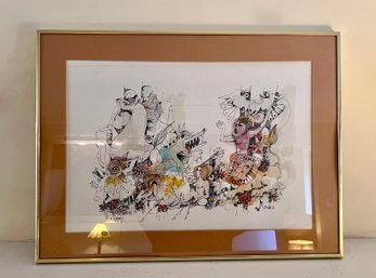 (B-23) ORIGINAL VINTAGE INK & WATERCOLOR DRAWING BY CATRIEL EFRONY (1923-2011)  ISRAELI -ANIMALS- 22' BY 17'