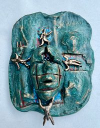 (A99-10) VINTAGE ABSTRACT ART POTTERY SCULPTURE BY JOHN FINK - SLICED HEAD & FLAG- 15' BY 12' - HANDCRAFTED