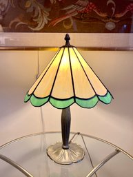 (B-19) - VINTAGE STAINED GLASS TABLE LAMP  ON BRASS BASE -'LL WMC LOEVSKY & LOEVSKY -18' BY 13'
