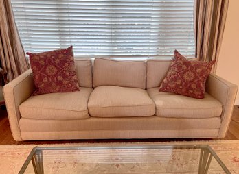 (B-12) VINTAGE CUSTOM TAN UPHOLSTERED THREE SEAT SOFA W/CLEAN LINES - 84' BY 35' BY 26' H -STAIN ON CUSHION ON