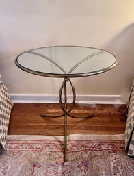 (B-2) VINTAGE POST MODERN ROUND GLASS TOP OCCASIONAL TABLE WITH BRUSHED BRASS BASE - 26' ROUND BY  24' HIGH