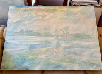 (BOX) ORIGINAL 1966 YONA KNISPEL (1938-2024) OIL PAINTING -ABSTRACT LANDSCAPE -OVERSIZED CANVAS -50' BY 36'