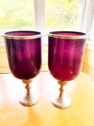 (KX-89) LOT OF 2 SMITH AND HAWKINS GLASS AND METAL HURRICANE CANDLE HOLDERS-PURPLE-14' TALL-CAN BE SHIPPED