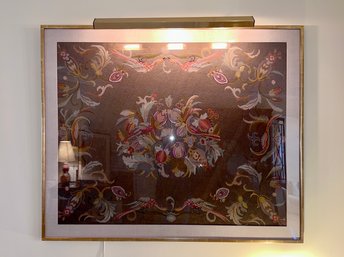 (B-3) BEAUTIFUL VINTAGE NEEDLEPOINT TEXTILE TAPESTRY WITH FLOWERS & BIRDS - FRAMED WITH LIGHT - 55' BY 45'