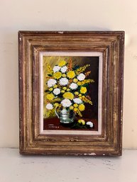 (B-99) VINTAGE FRAMED FLORAL OIL PAINTING - SIGNED YELLOW CHRYSANTHEMUMS  - 11' BY 12'