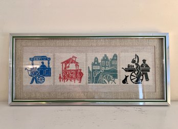 (B-96) CHARMING VINTAGE EUROPEAN/ASIA-WOOD BLOCK PRINT ON LINEN SCENES OF AMSTERDAM? HOLLAND-FRAMED 21' BY 18'