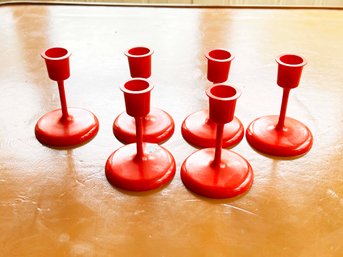 (KX-204) VINTAGE LOT OF 6 RED PLASTIC CANDLE HOLDERS-DIPLOMAT CANDLE-HALLMARK CARDS-3' X 4'