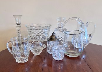(A) COLLECTION OF NICE CRYSTAL & GLASS PIECES - DECANTERS, TRIFLE BOWL, PITCHERS, CANDLESTICK - 3'-10'
