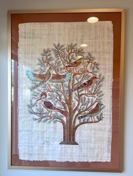 (C-1) VINTAGE FRAMED EGYPTIAN PAPYRUS ART 'TREE OF LIFE' WITH BIRDS - SIGNED, 42' BY 30'