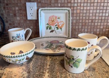 (C-4) SIX PIECES OF PORTMEIRION - 3 MUGS, 12' OVAL PLATTER , 9' SQUARE PLATE & SOUP BOWL