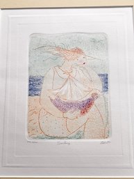 (KX-204)  VINTAGE 1983 SIGNED ETCHING 'LEHMAN?' TITLED SAILING, 50/100 - WOMAN IN BIG HAT AT THE SHORE-20BY12