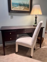 VINTAGE DARK WOOD VANITY / DESK WITH WHITE LINEN CHAIR ON WHEELS - SEE WEAR, 50' W BT 20' D BY 30' HIGH