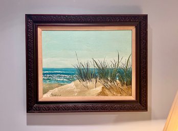 (D-5) LOVELY 1969 ARTIST SIGNED VINTAGE SEASCAPE OIL PAINTING ON CANVAS - FRAMED 26' BY 31'