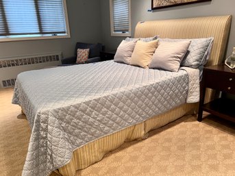 (D) UPHOLSTERED QUEEN SIZE BED WITH MATTRESS, FRAME & BEDDING