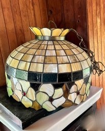 (LOFT) VINTAGE HANGING STAINED GLASS LIGHT FIXTURE - BROWN, AMBER & YELLOW TONES - 19' BY 22'