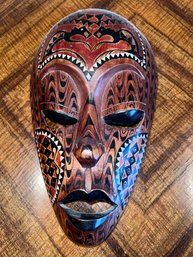 (E-5) AFRICAN SOUVENIR CARVED WOOD MASK HANDCRAFTED WITH TWO TONE WOOD- 14' BY 7'