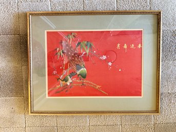 (62) ANTIQUE CHINESE EMBROIDERED BIRDS ON SILK FRAMED & MATTED UNDER GLASS- PHEASANT, QUAIL - 25' X 20'