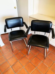 (63) PAIR VINTAGE MCM BLACK LEATHER AND CHROME CANTILEVER ARM CHAIRS-32' X 23' WIDE X 18' SEAT X 21' DEEP