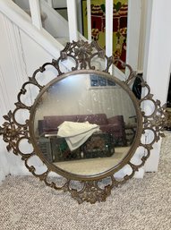 (BASE) VINTAGE METAL FRAME ROUND MIRROR WITH FLOWERS & SCROLL DESIGN - NEEDS TO BE CLEANED- 28' BY 26