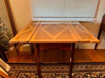 ANTIQUE TIN TOP SWEET SHOP STYLE TABLE WITH FOLD DOWN SIDES & FOUR CHAIRS - 40' LONG BY 25'-45' WIDE BY 31' H