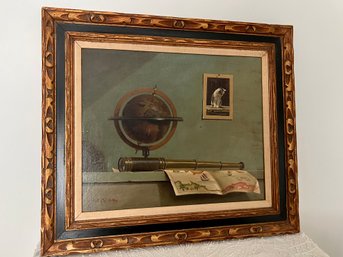 U1-ORIGINAL MCM TROMPE L'OEIL OIL PAINTING BY 'L DE MATTEIS'- SPYGLASS, GLOBE & CAT PORTRAIT ON WALL -AMAZING!