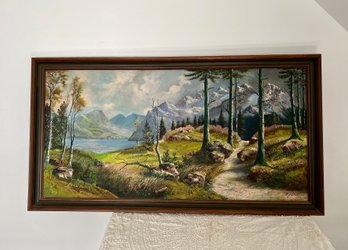 (U-3) ORIGINAL VINTAGE PANORAMIC SWISS ALPS LANDSCAPE OIL PAINTING BY 'A. JAECKEL' - 52' BY 28'