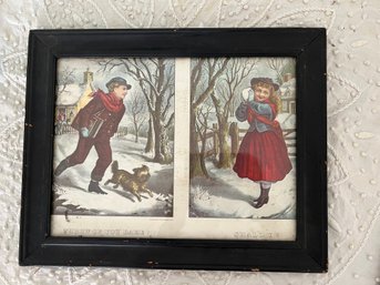 (U-5) ANTIQUE FRAMED PRINT VICTORIAN CHILDREN SNOW FIGHT TEASE - 14.5' BY 11.5'