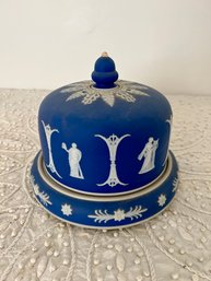 (U-7) ANTIQUE WEDGWOOD BLUE JASPERWARE COVERED CHEESE DOME / BELL- STILTON CHEESE - GREEK GODDESSES - 9' BY 8'