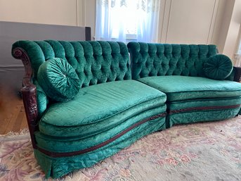 PAIR OF SEMI CIRCLE GREEN VELVET SOFAS WITH CARVED WOOD FRAMES -NEEDS U-HOOK TO CONNECT- 51' BY 32' BY 36' EA.