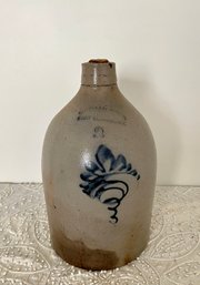 (U-10) ANTIQUE 'OTTMAN BROS. FT. EDWARD, NY' DECORATED STONEWARE JUG / CROCK - 2 GAL. WITH CORK - 16' BY 9'