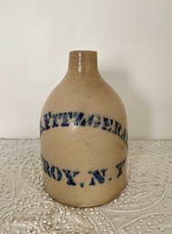 (U-11) ANTIQUE 'T.B. FITZGERALD TROY, NY' DECORATED STONEWARE JUG / CROCK - 11' BY 7'