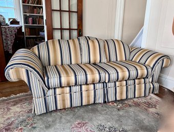 STERNS FAIRMONT MANOR BLUE STRIPE TWO SEAT CAMELBACK SOFA  WITH ROLLED ARMS - 90' BY 35' BY 33' HIGH