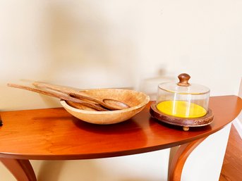 (A-18) VINTAGE PAIR OF KITCHEN ITEMS-TEAK SALAD BOWL W/SPOON & FORK & WOOD AND GLASS CHEESE TRAY