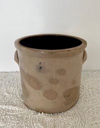 (U-13) BIG ANTIQUE 2 GALLON STONEWARE CROCK WITH PATCHES OF REPAIR? - TWO HANDLES - PICKLE JAR - 10' BY 9.5'