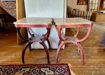 (LR) PAIR OF VINTAGE MAHOGANY? MARBLE TOP END TABLES -MISSING DECORATIVE CORNER MEDALLIONS -22' BY 22' BY 30'
