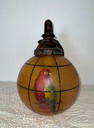 (U-15) *RARE* ANTIQUE GLOBE HOME /STREET LIGHT WITH HAND PAINTED PARROT SHADE & CAST IRON MOUNT /ARM