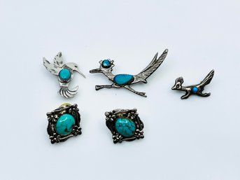 (J-8) FOUR VINTAGE NATIVE AMERICAN STERLING SILVER & TURQUOISE JEWELRY PIECES- ROADRUNNERS, EARRINGS- 13.8 DWT