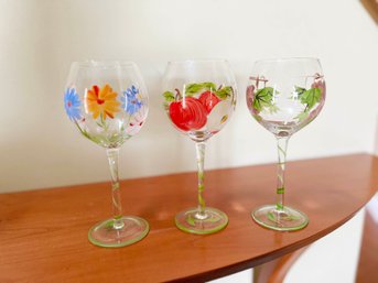 (D-1) SET OF 3 TALL 9' TALL HAND PAINTED STEMMED FOOTED WINE GLASSES-