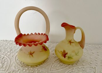 (U-17) VINTAGE CUSTARD GLASS BRIDE'S BASKET WITH RUFFLED EDGE & PITCHER - DECORATED W/PAINTED LEAVES -9' & 6'