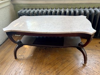 (LR) VINTAGE MAHOGANY? MARBLE TOP COFFEE TABLE -MISSING DECORATIVE CORNER MEDALLIONS -22' BY 18' BY 40'