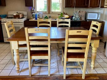 (K) EUROPEAN HERITAGE COUNTRY FRENCH FARMHOUSE DINING TABLE WITH WOOD TOP & SIX YELLOW CHAIRS -71' BY 44' -50'